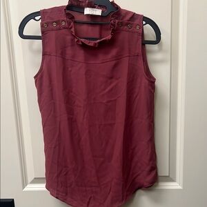 LOFT Outlet Maroon Sleeveless Ruffled Blouse with Mandarin Collar